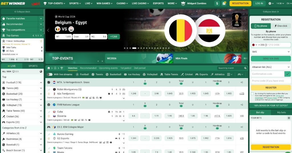 Betwinner sportsbook interface showing live football matches, odds and the bet slip